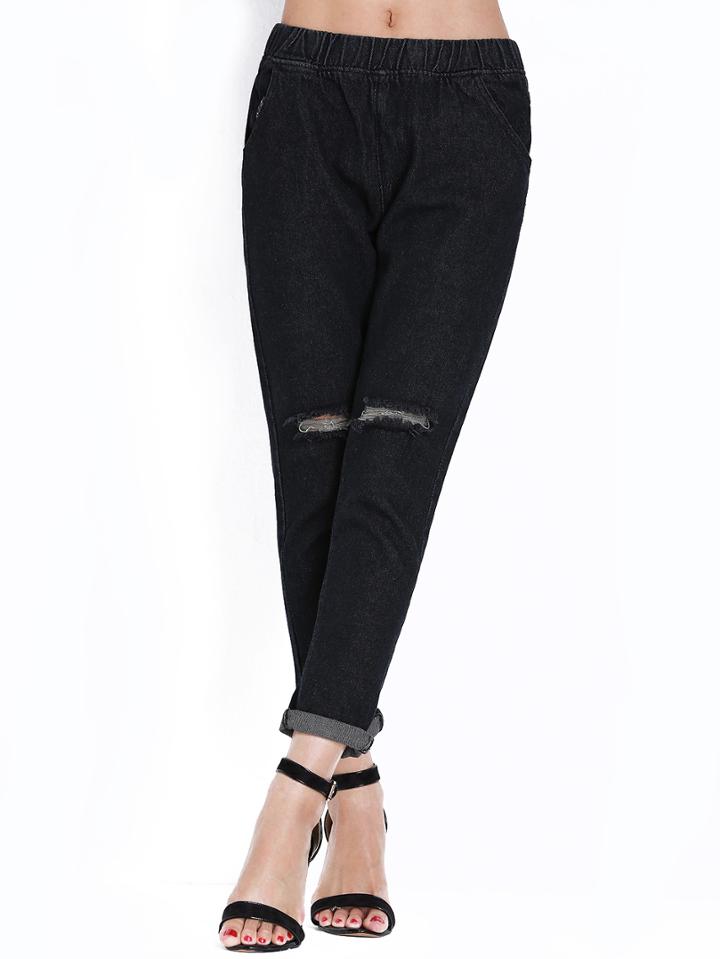 Shein Black Elastic Waist Ripped Denim Pant