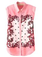 Shein Watermelon Red Sleeveless Buttons Front Print Blouse
