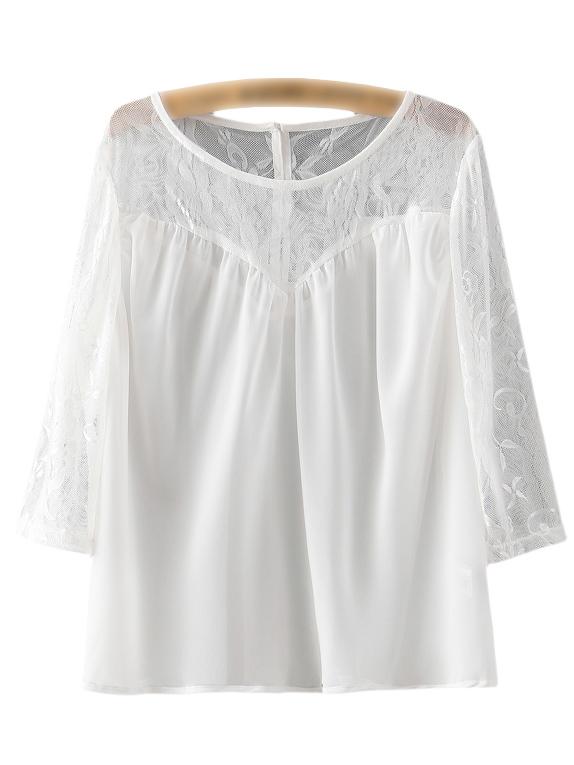 Shein White Scoop Neck Lace Splicing Casual Blouse