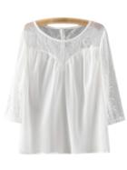 Shein White Scoop Neck Lace Splicing Casual Blouse