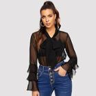 Shein Tiered Ruffle Sleeve Tied Neck Sheer Top