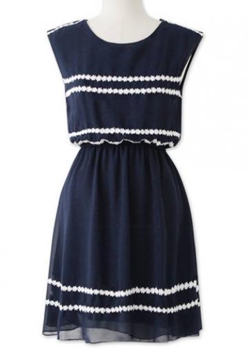 Rosewe Charming Navy Blue Round Neck Sleeveless Chiffon Dress