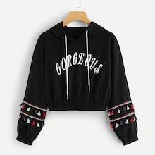 Shein Letter Print Tassel Trim Hoodie