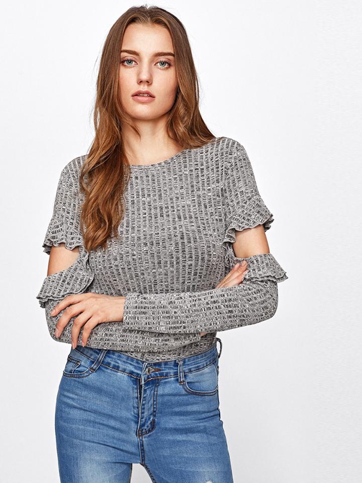 Shein Frilled Cutout Sleeve Rib Knit Space Dye T-shirt