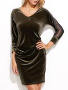 Shein Army Green V Neck Contrast Trim Velvet Dress