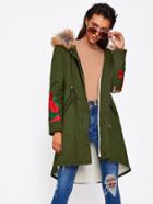 Shein Faux Fur Hoodie Fleece Lined Embroidered Parka Coat