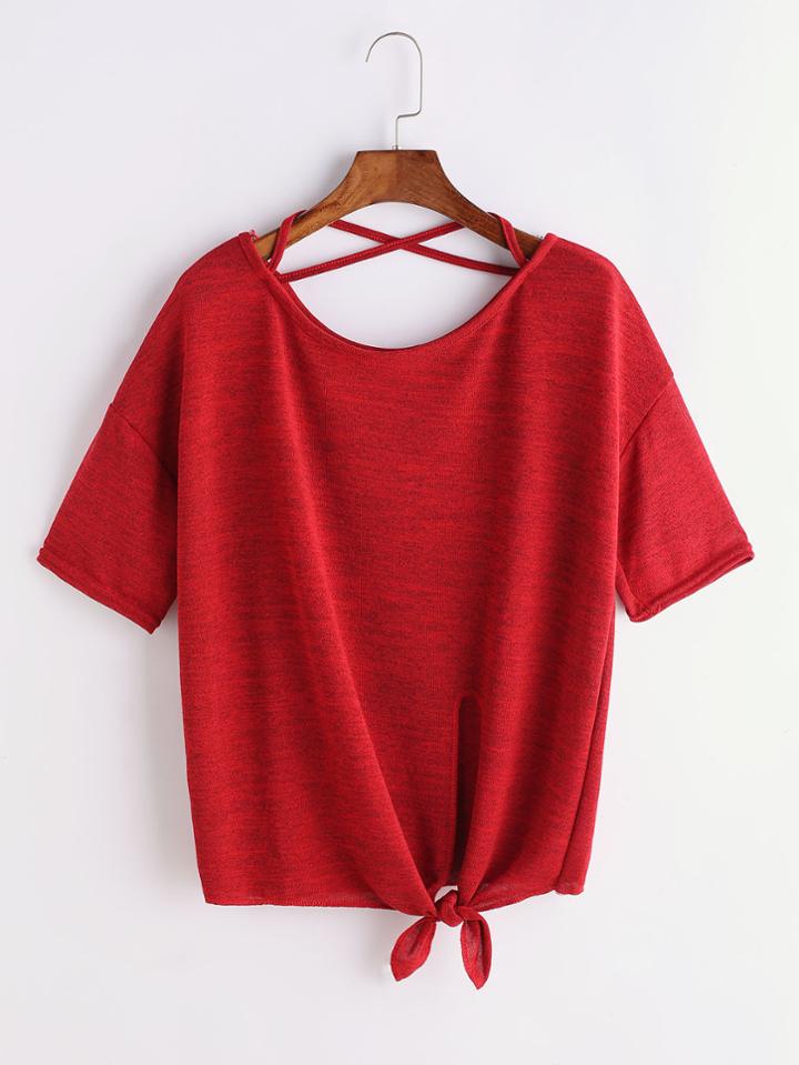Shein Burgundy Criss Cross Back Knotted Hem T-shirt