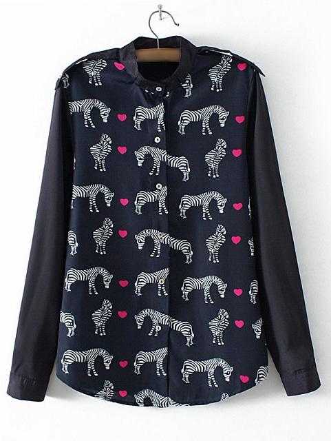 Shein Navy Long Sleeve Bottons Front Zebra Printed Blouse