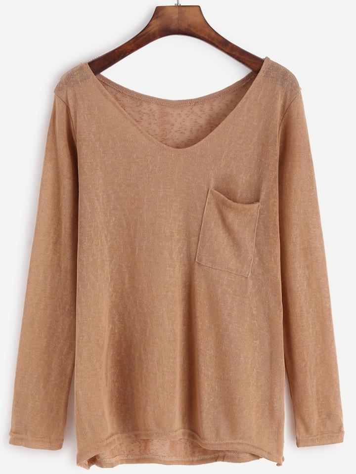 Shein Khaki V Neck High Low Knit T-shirt