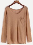 Shein Khaki V Neck High Low Knit T-shirt