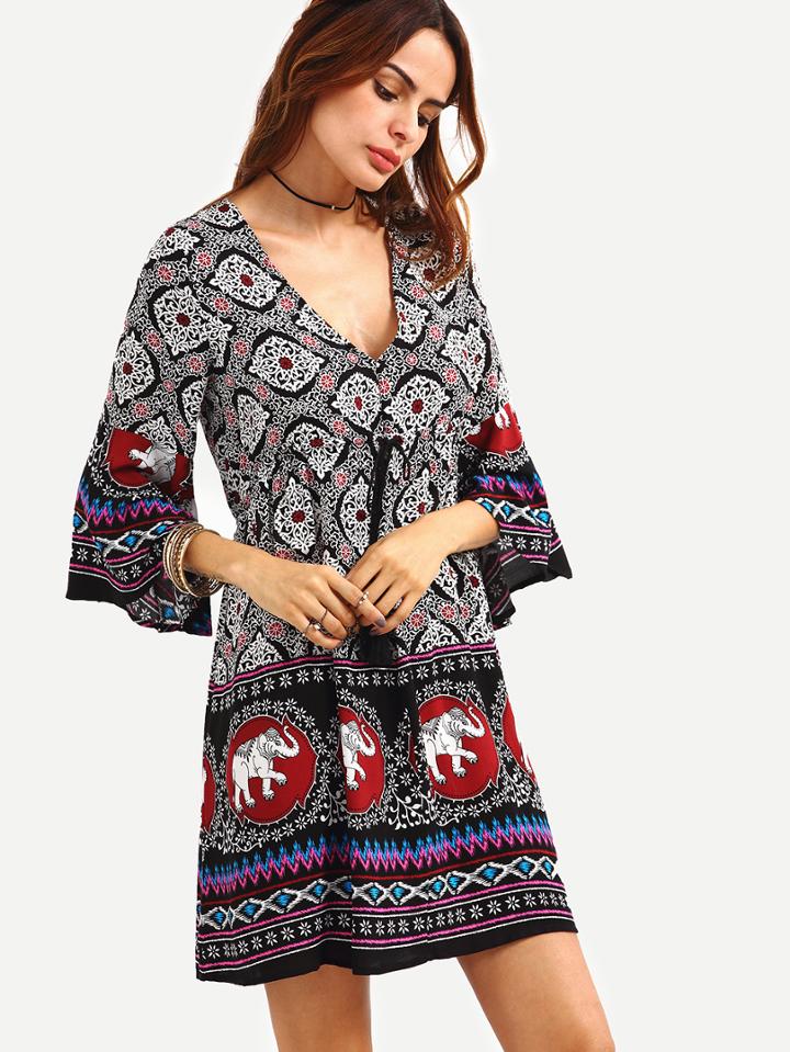 Shein Double V-neck Bell Sleeve Multicolor Tribal Print Dress