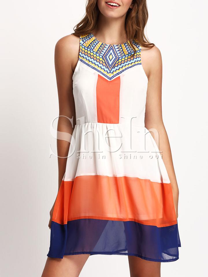 Shein Color Block Pleated Zipper Back Skater Dress