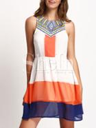 Shein Color Block Pleated Zipper Back Skater Dress