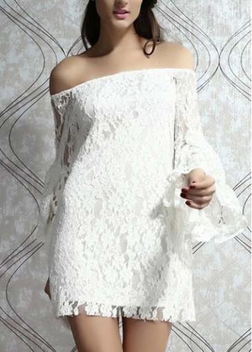 Rosewe Chic Flare Sleeve Boat Neck White Mini Dress