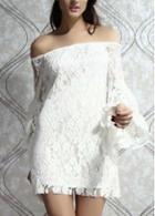 Rosewe Chic Flare Sleeve Boat Neck White Mini Dress