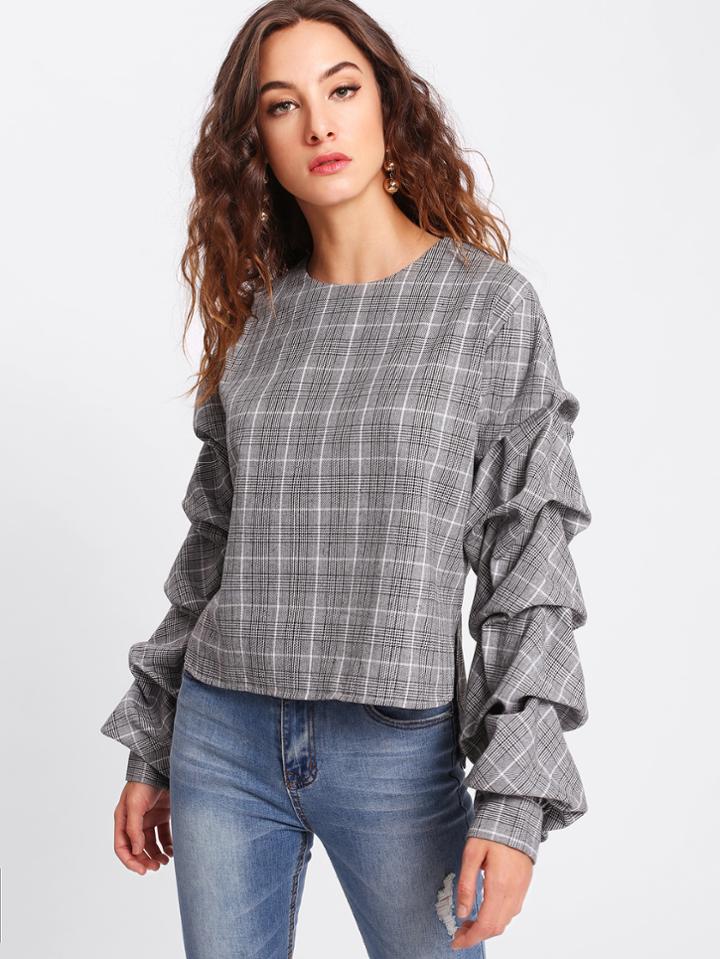Shein Gathered Sleeve Button Keyhole Back Plaid Top