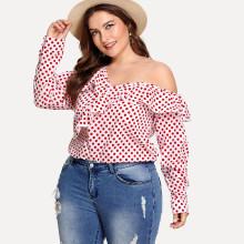 Shein Plus Asymmetrical Shoulder Ruffle Trim Polka Dot Top