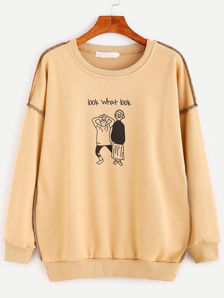 Shein Cartoon Print Drop Shoulder Sweatshirt With Stitch Detail