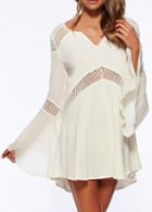 Shein Apricot V Neck Bell Sleeve Hollow Dress