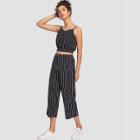 Shein Striped Knot Back Crop Top With Pants