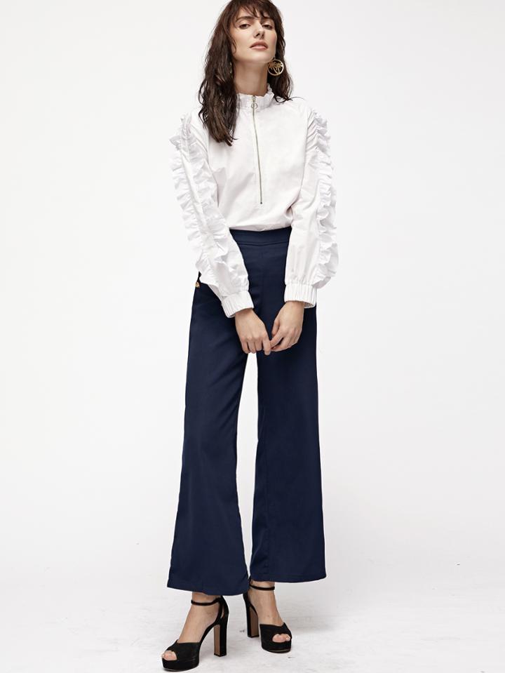 Shein White Ruffle Collar And Sleeve Half Zip Blouse