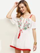 Shein White Embroidered Tie Waist Fringe Hem Dress