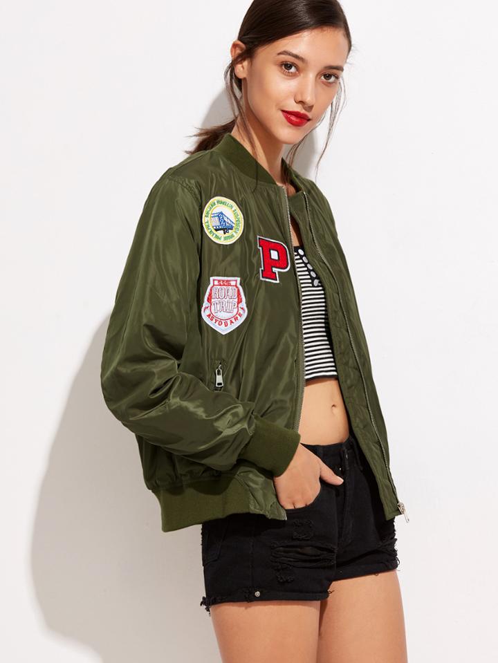 Shein Army Green Embroidered Patches Zipper Jacket