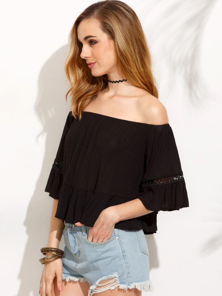 Shein Black Crochet Insert Cold Shoulder Ruffle Top