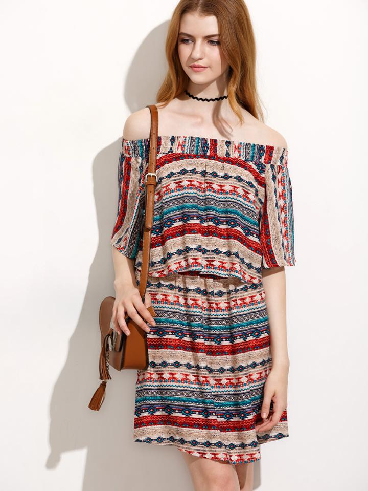 Shein Multicolor Print Half Sleeve Off The Shoulder Dress