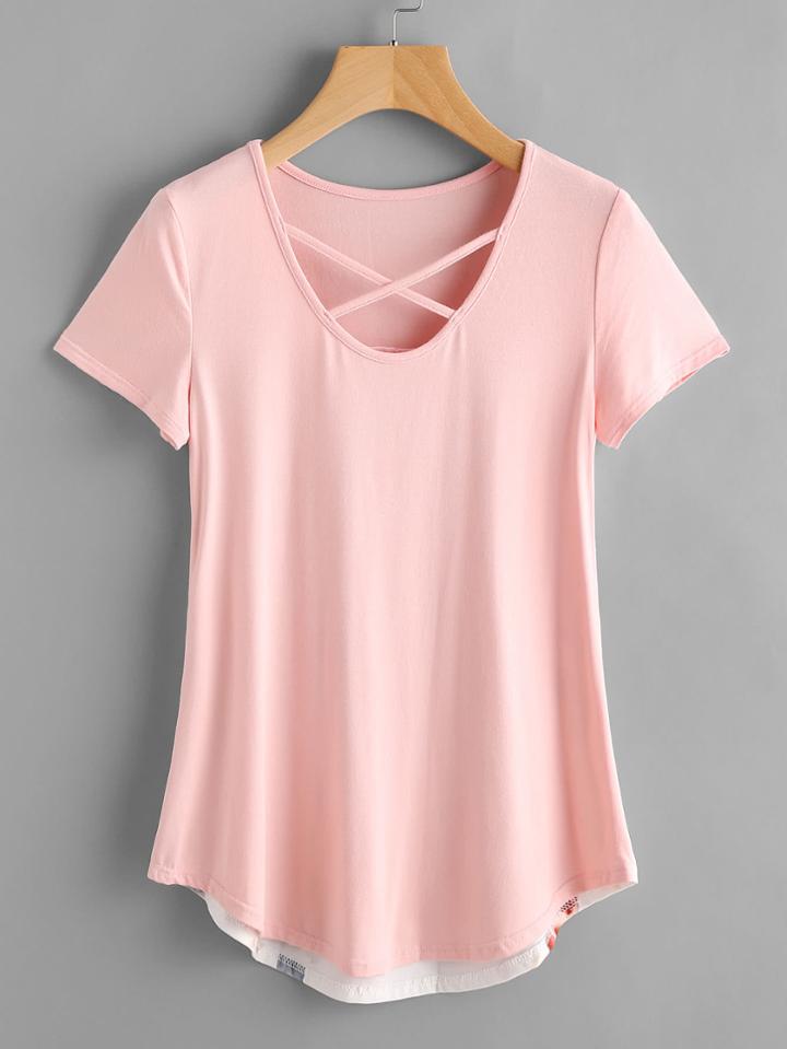 Shein Crisscross Front Contrast Florals Back Curved Hem Tee