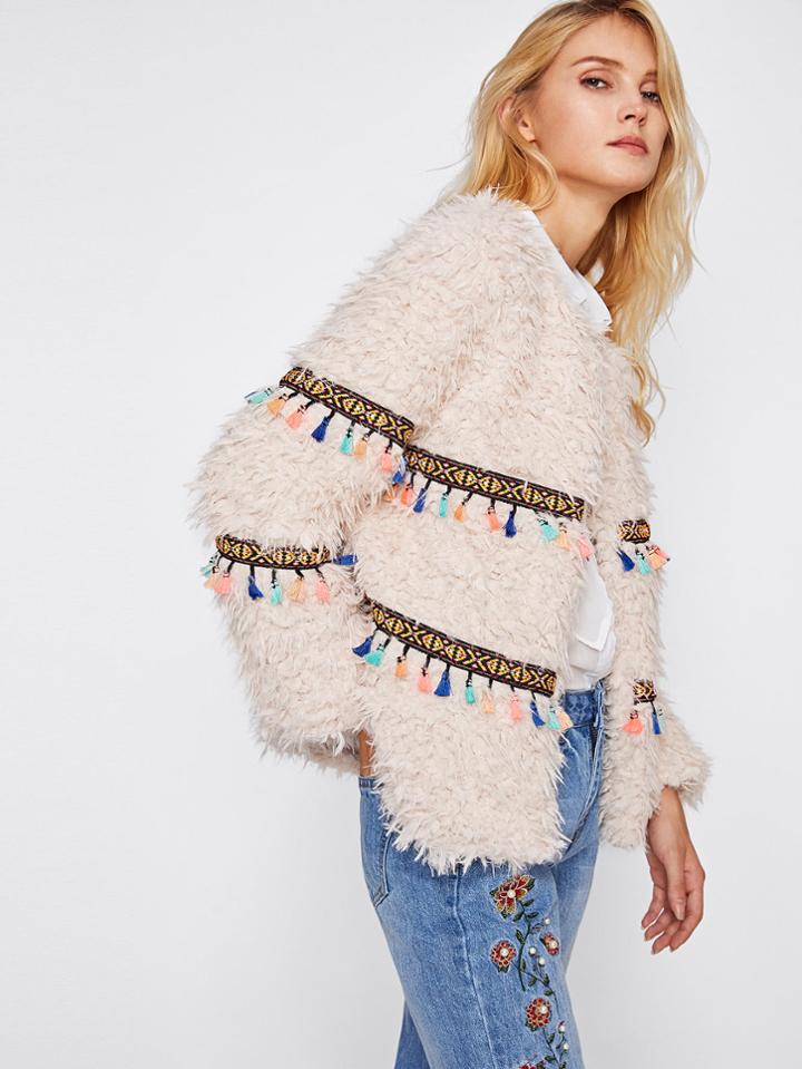 Shein Embroidery Tape And Tassel Detail Open Front Coat