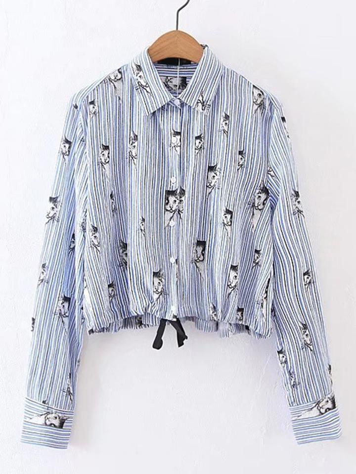 Shein Pinstripe Cat Print Tie Detail Blouse