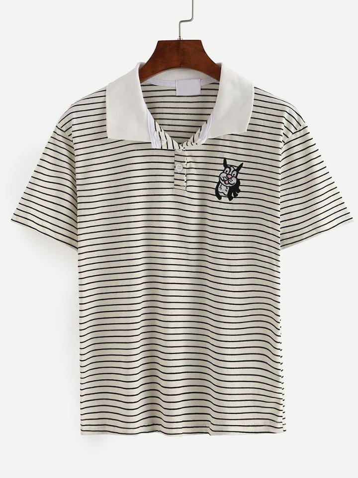Shein Dog Embroidered Striped Polo Shirt - White