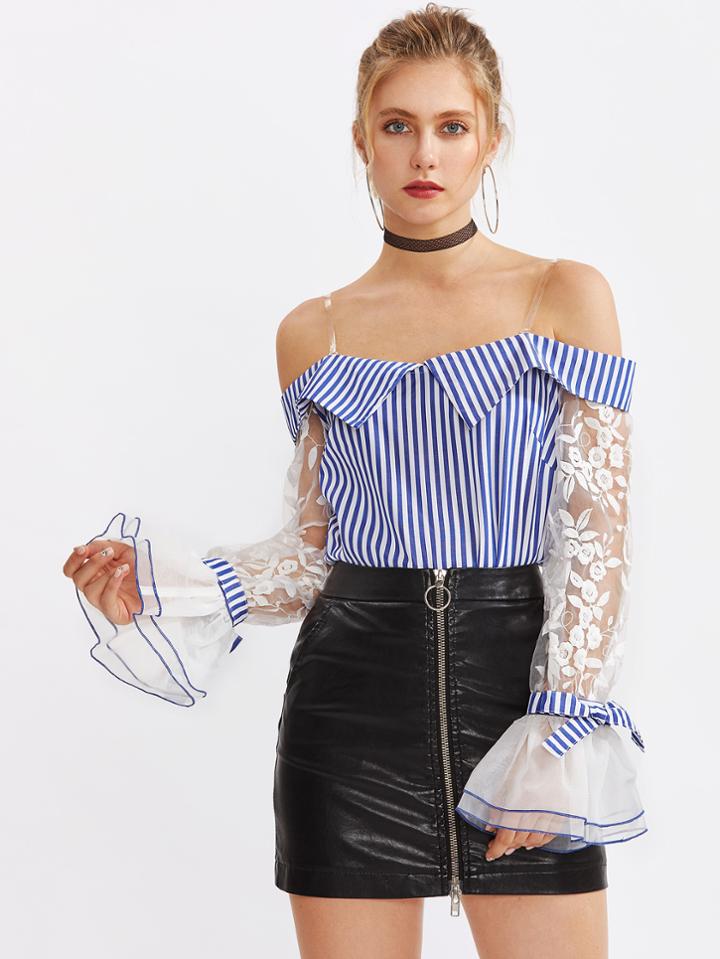 Shein Embroidered Mesh Sleeve Top With Transparent Straps