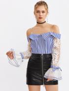 Shein Embroidered Mesh Sleeve Top With Transparent Straps