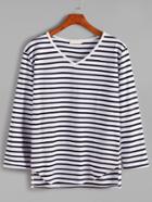 Shein Contrast Striped V Neck Asymmetric Hem T-shirt