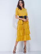 Shein Yellow Ruffle Tiered Dress With Obi