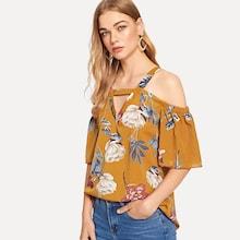 Shein Open Shoulder Cut Out Floral Blouse