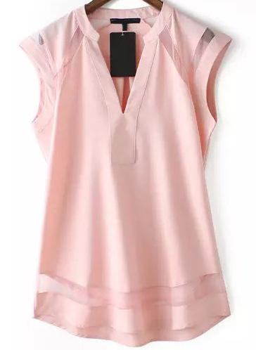 Shein Pink V Neck Sheer Mesh Slim Blouse