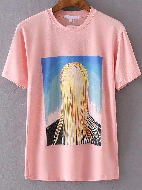 Shein Pink Girl Print Short Sleeve T-shirt