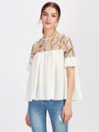 Shein Flower Embroidered Illusion Neck Box Pleated Top