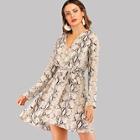 Shein Self Tie Snake Print V-neck Dress