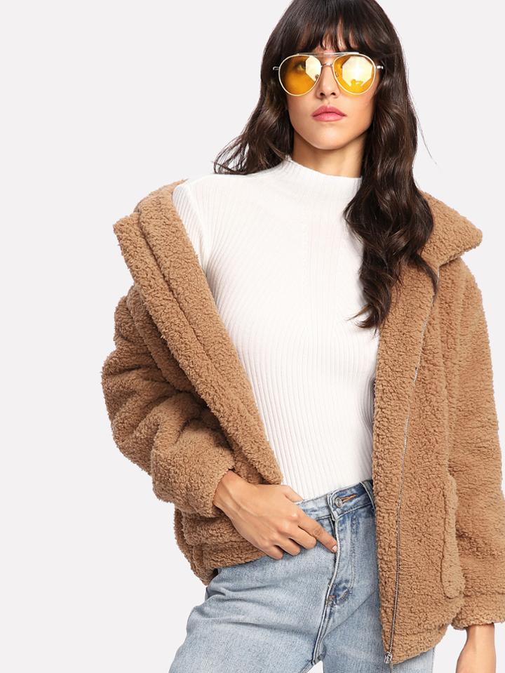 Shein Dual Pocket Faux Fur Jacket