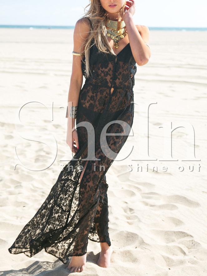 Shein Black Beachy Spaghetti Strap Crochet Lace Maxi Beach Dress