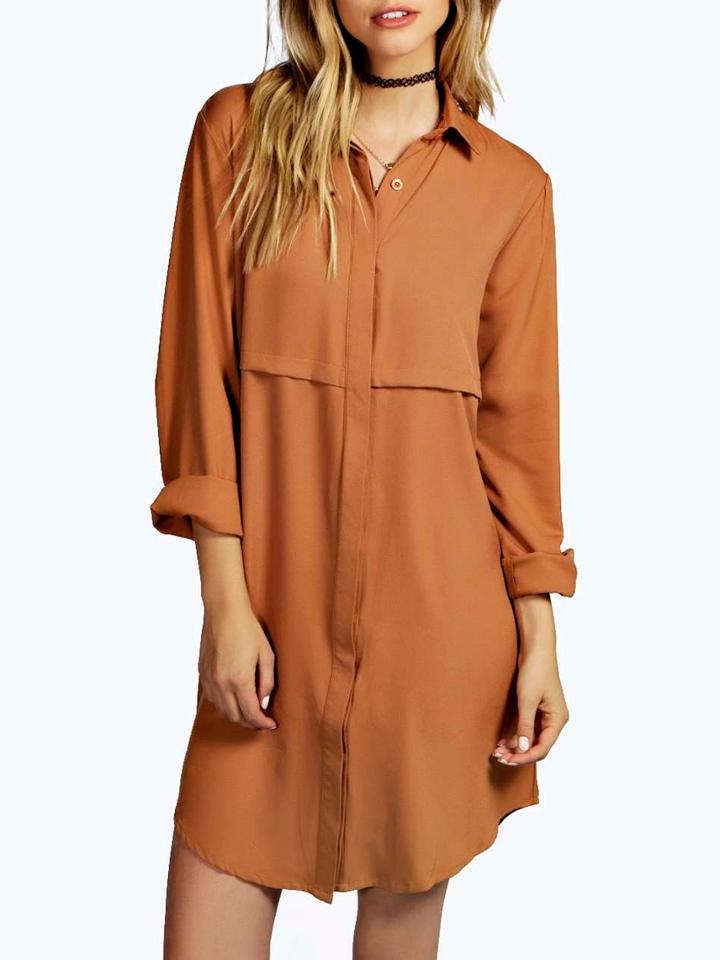 Shein Khaki Lapel Loose Casual Shirt Dress