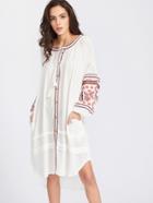 Shein White Embroidery Single Breasted Tassel Tie Dress
