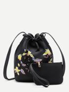 Shein Flower Embroidery Drawstring Bucket Bag With Clutch
