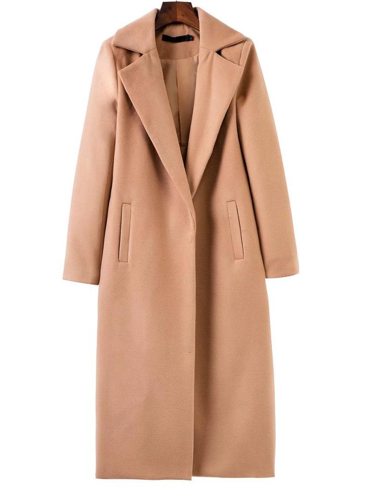 Shein Khaki Lapel Neck Pocket Long Coat