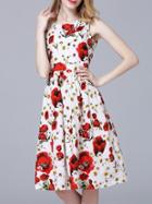 Shein White Crew Neck Backless Floral A-line Dress