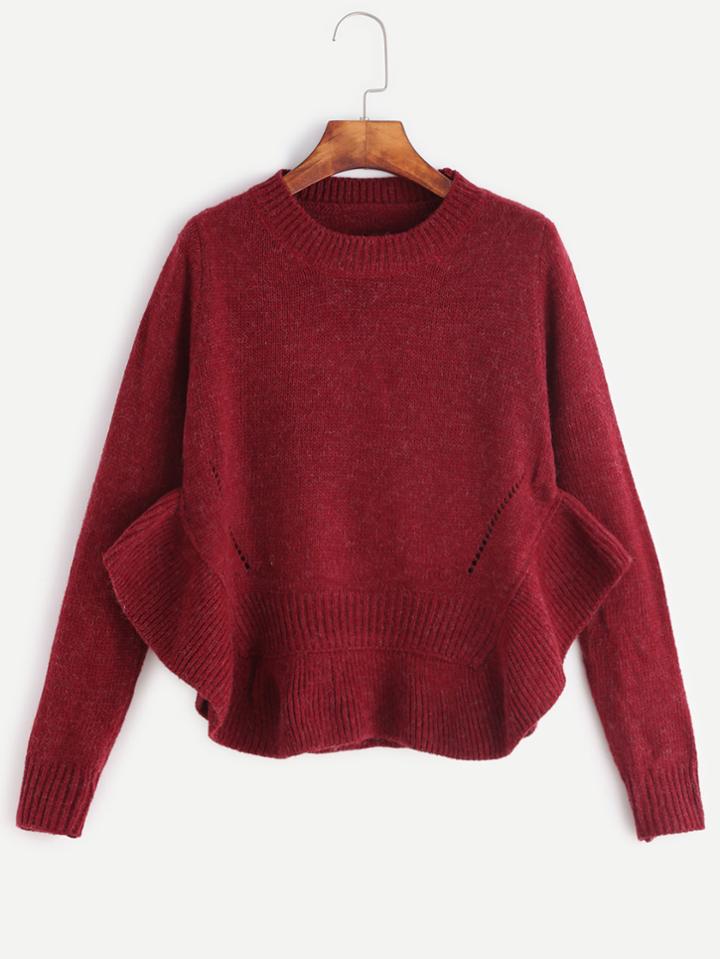 Shein Burgundy Ruffle Hem Eyelet Sweater